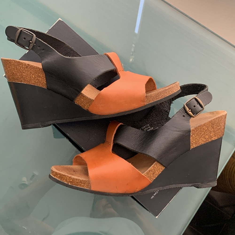 Leather/Cork Wedge Black and Brown Wedge Sandals